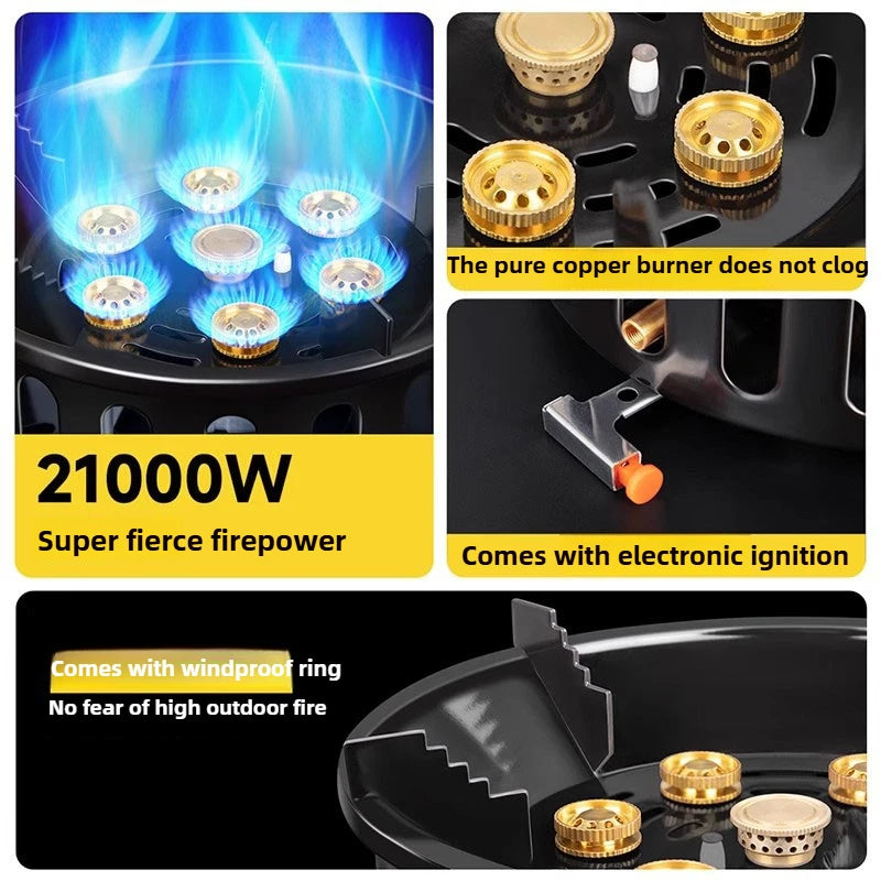21000W 7-Core Camping Stove High-Power Strong Fire Portable Tourist Gas Burner Windproof Electronic Ignition Camping Equipment