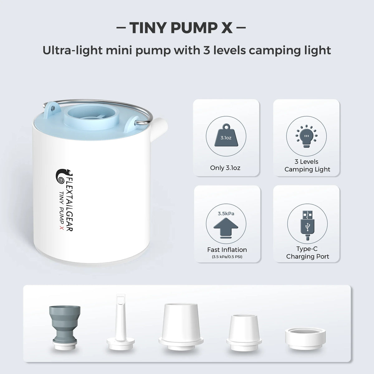 FLEXTAIL Portable Air Pump, Mini Camping Pump with Light, USB-C Charging, Ideal for Sleeping Pads, Air Bed Mattress, Vacuum Bags