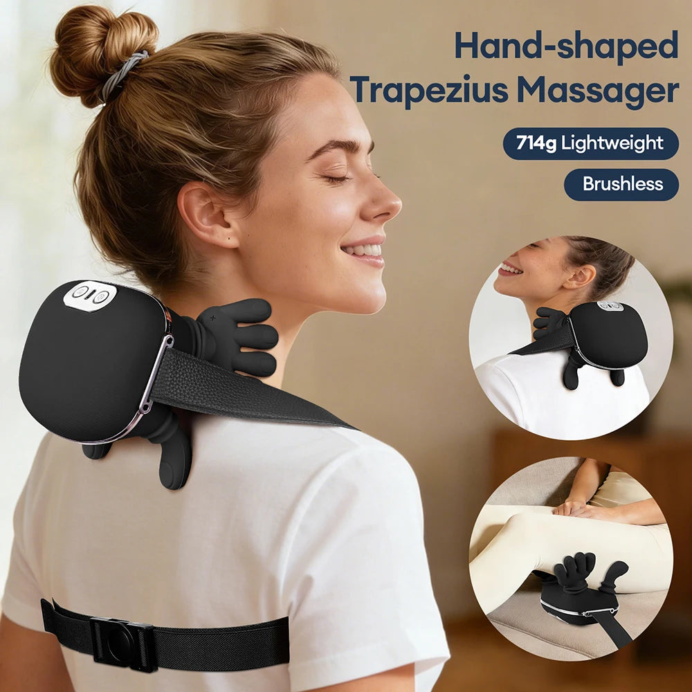 Black 4D Bionic Finger Neck Shoulder Massager Trapezius Neck Cervical Kneading Massage Shawl Brushless Motor Neck Masajeador