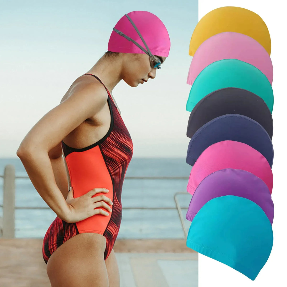 Swimming Cap Elastic Nylon Ear Guards Long Hair Pool Cap Slim Swimming Cap Swimming Accessories